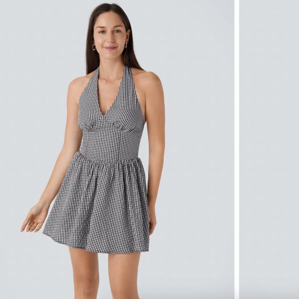 V Neck Halter Shirred Gingham Mini Dress HALARA